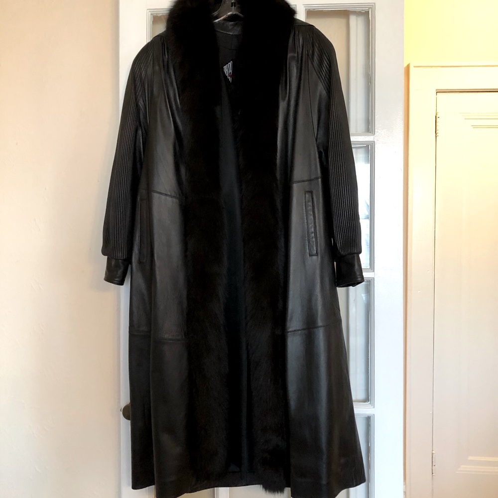 Full length leather coat with fur trim
